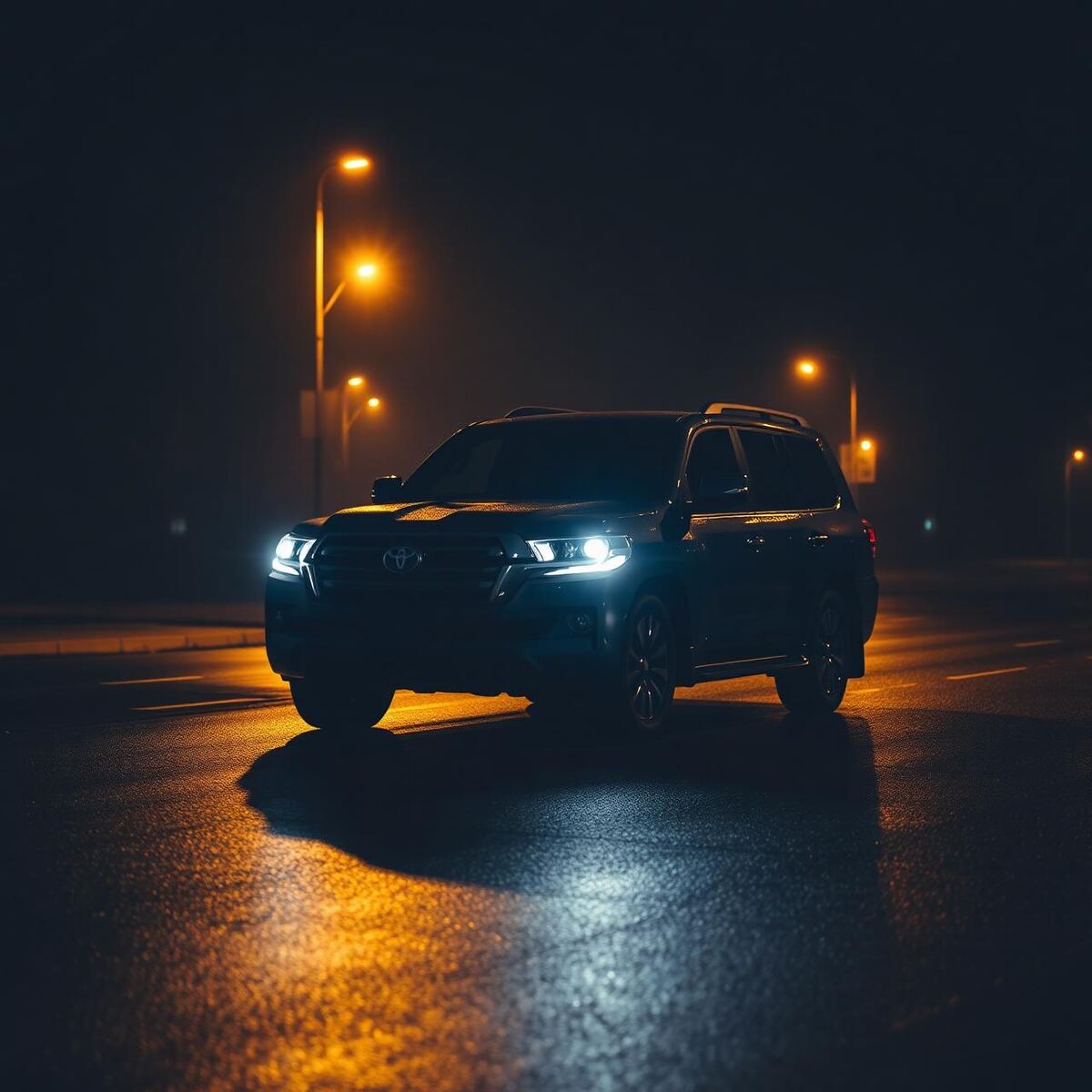 Blacked-out luxury SUV at night